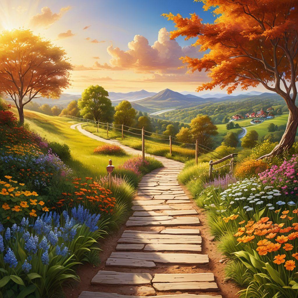 A serene path leading through a lush, green landscape, symbolizing the journey to affordable insurance. Alongside the path, vibrant signposts showcase customizable insurance options, with icons representing different coverage types. The sky above is bright and clear, suggesting optimism and financial security. Captured in a warm, inviting style to evoke trust and hope. super-realistic. vibrant colors.