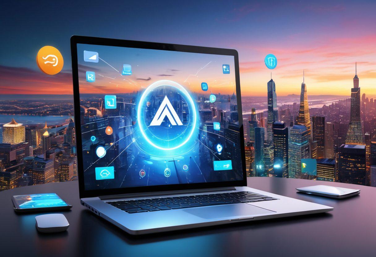A visually engaging digital scene depicting a person happily exploring various digital insurance options on a laptop, surrounded by floating icons representing savings, security, and peace of mind. The background features a futuristic city skyline and abstract digital elements that convey innovation and technology. Bright colors and a modern design enhance the welcoming atmosphere. super-realistic. vibrant colors. 3D.
