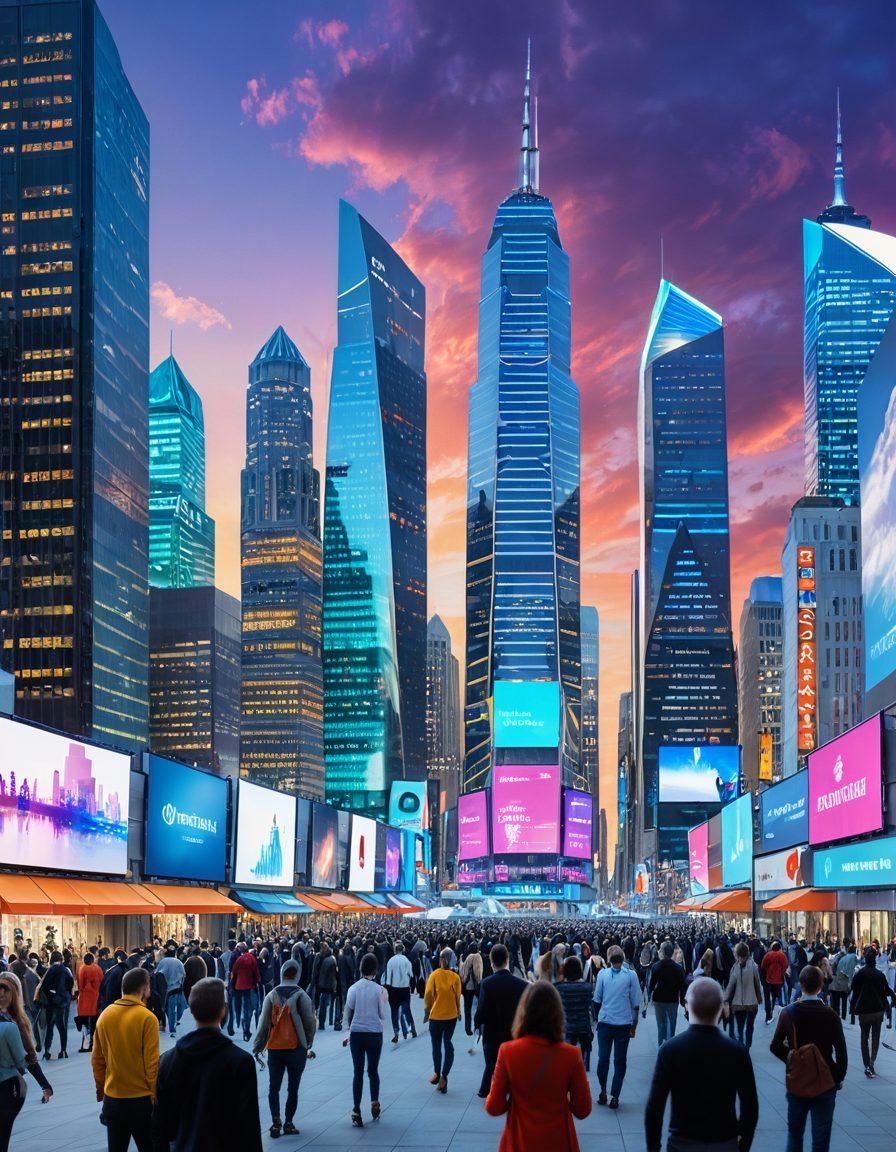 A futuristic city skyline with digital screens showcasing various insurance solutions, people using tablets and smartphones to navigate through options. Incorporate elements of technology, such as virtual reality displays and holograms, to symbolize innovation in insurance. The scene should be bustling with diverse individuals interacting with online platforms. Use a vibrant color palette to evoke optimism and progress. super-realistic. vibrant colors. futuristic style.